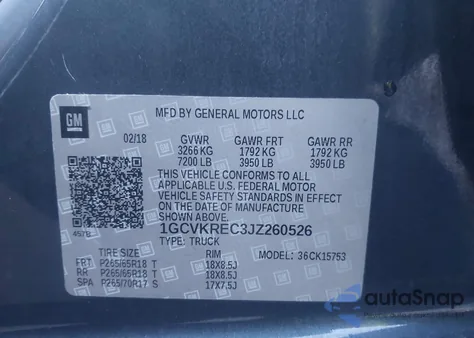 2018 Chevrolet Silverado 1500 1Lt из США, поврежденный, VIN 1GCVKREC3JZ260526